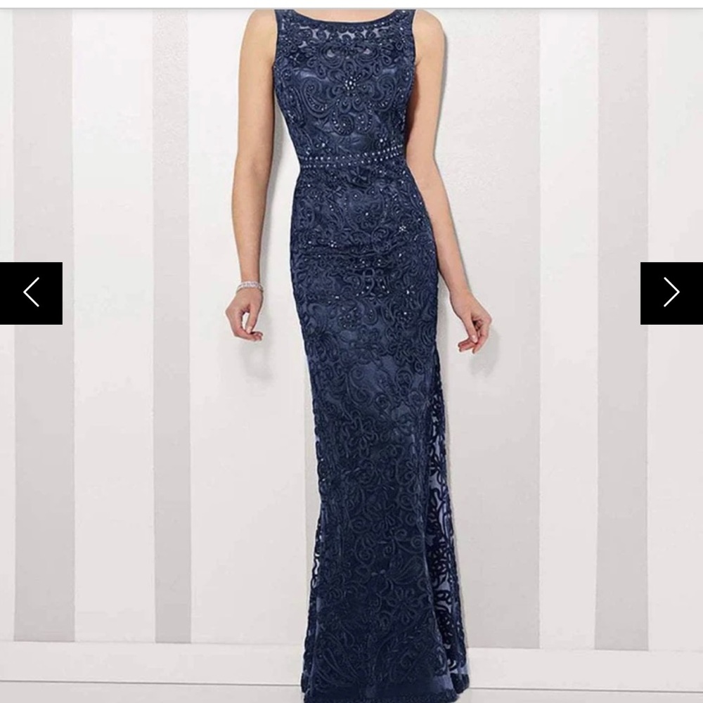 Cameron Blake by Mon Cheri elegant navy gown with intricate lace & beading.